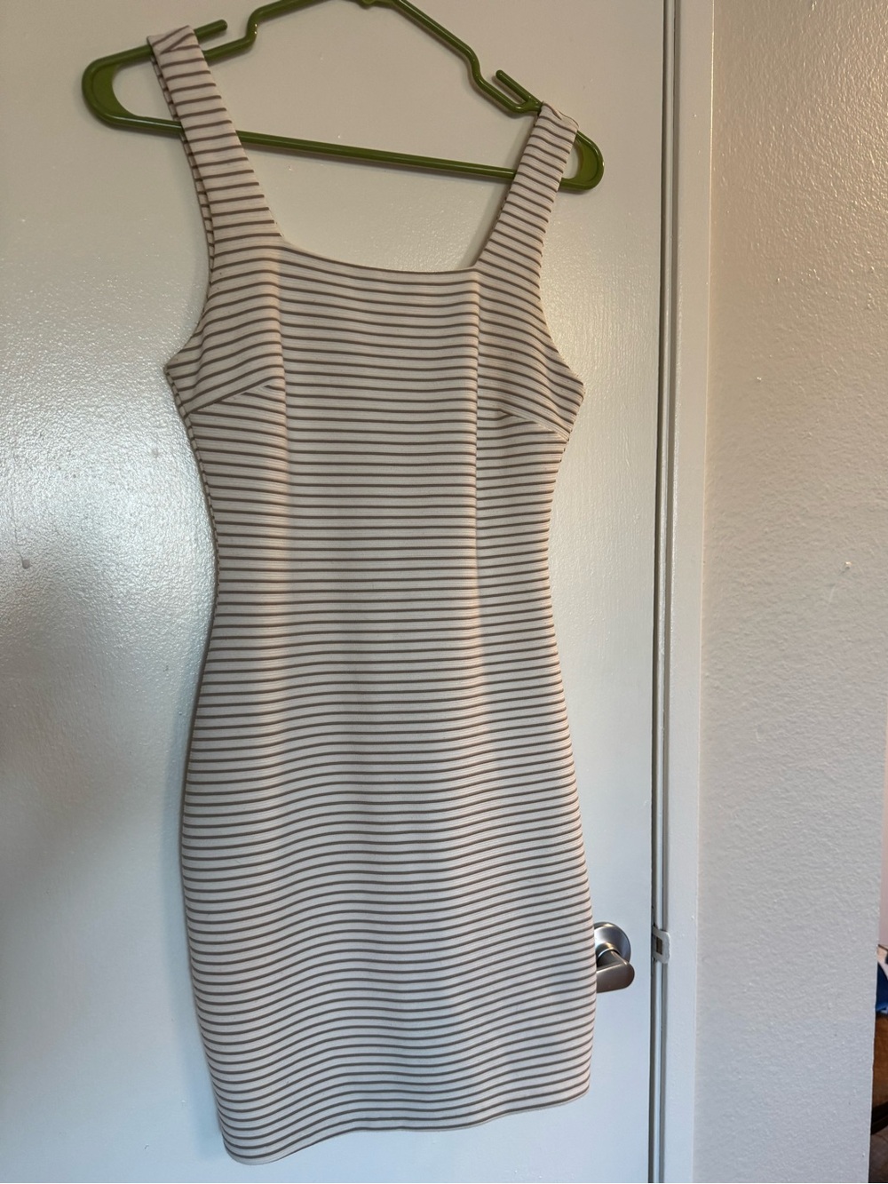 Bar III Striped White and Tan Square-Neck Bodycon Dress